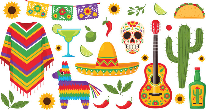 Large Set of Traditional Mexican Fiesta and Culture Icons, Including Poncho, Sombrero, Pinata, Guitar, Cactus, and Sugar Skull for Cinco de Mayo Vector