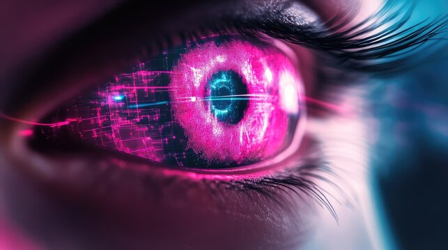 Cyborg eye processing data with futuristic technology vision