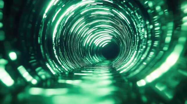 Green light data tunnel digital data flowing