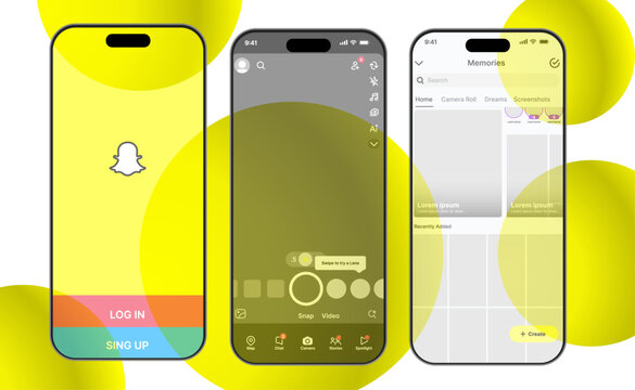 Snapchat mockup. Snapchat logo. Set Snapchat screen social media and social network interface template. Snapchat button. Vector illustration. Editorial

