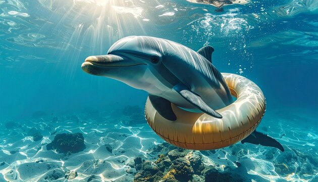 A dolphin with an inflated plastic swim ring around its waist in a playful, surreal scene. Conceptual image blending marine life with human leisure, for creative, quirky, and humorous stock themes.