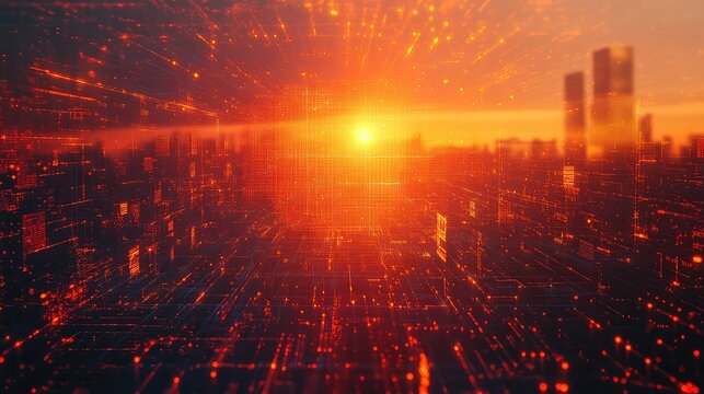 Digital city network glowing with sunset data lines