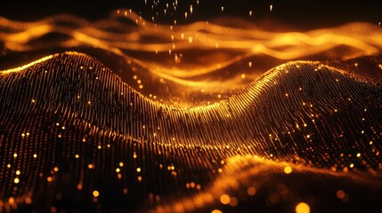 Abstract glowing golden particles flowing on digital wave surface
