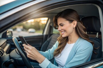 Smiling Young Woman in Car, Engaged with Smartphone. Modern Commuter Lifestyle, Mobile Device Communication, Digital Connectivity.