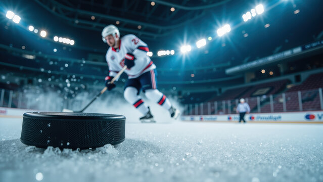 Fast paced hockey player skating on ice, focused on puck, dynamic action, bright arena lights, ice rink atmosphere, sports excitement
