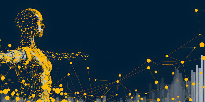 Futuristic data visualization with human figure connected to network and graphs, symbolizing innovation, AI, technology, and growth in modern digital age - Powered by Adobe