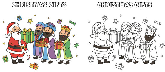 Fototapeta premium Santa Claus and Three Kings Exchange Presents Festive Holiday Illustration