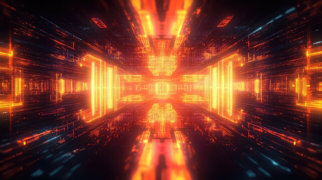 Digital technology tunnel with glowing orange data moving