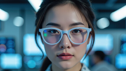 Focused woman wearing stylish glasses modern workspace, showcasing technology and innovation. Her expression conveys determination