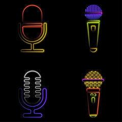 Neon on the air sign with retro microphone in round frame.