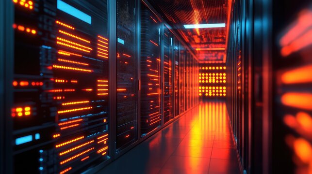 Server racks pulsating with data in a modern data center