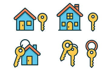 Set of small residential buildings and various styles of house keys symbols