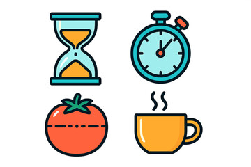 Time management and productivity icons set with hourglass, stopwatch, tomato, and coffee mug