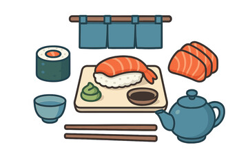Japanese food icons set featuring shrimp nigiri, salmon sashimi, maki roll, and tea service © icon_art