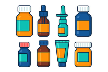 Diverse set of pharmaceutical packaging including pill bottles, dropper, nasal spray, and ointment tube