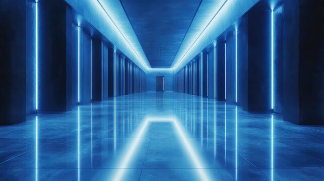 Futuristic blue neon light corridor leading to exit - Powered by Adobe