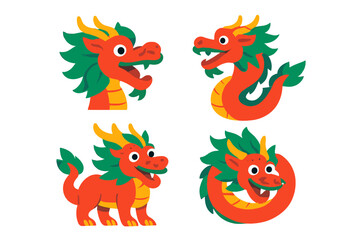 Four adorable mythical Chinese dragon characters in different poses and expressions for holiday design