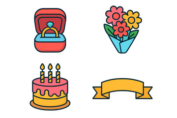 Celebration icons set featuring a diamond engagement ring, floral bouquet, birthday cake, and decorative ribbon banner