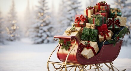 Sleigh full of christmas presents in a snowy winter landscape with trees in the background