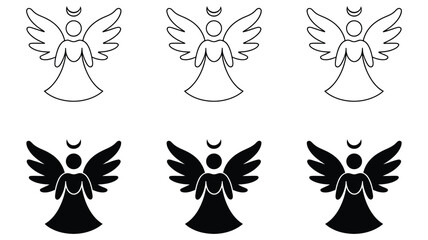 set of six stylized angel icons in black and white with halos and wings for christmas, spiritual, and decorative themes