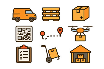 Logistics and delivery icons set featuring van, drone, warehouse, and tracking symbols