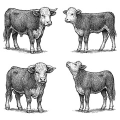 Hereford Calf Cattle in Multiple Poses Vintage Sketch Transparent Background