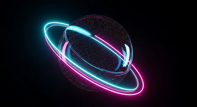 A futuristic planet with neon rings, showcasing a blend of technology and cosmic beauty, illuminated by vibrant pink and blue lights in the darkness