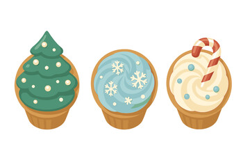 Festive holiday cupcakes decorated with Christmas tree, snowflakes, and candy cane designs