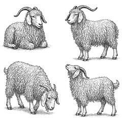 Angora Goat Sketch Set in Vintage Engraving Style Transparent Background