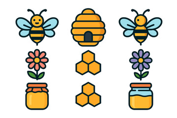 Cute honey bee, beehive, honeycomb, flower, and golden honey jar elements