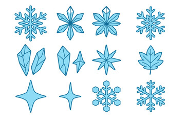 Set of blue winter elements featuring snowflakes, ice crystals, and stylized geometric stars