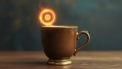 longevity. Vintage coffee cup with an infinite glowing spiral, symbolizing longevity and ritual. bar promotions, beverage menus, designed for food & beverage menus and cafe branding.