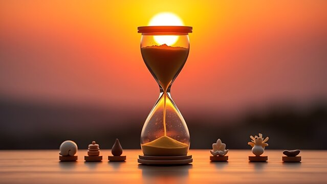 reverse. A glowing hourglass with golden sand flowing upwards, surrounded by symbolic objects representing healthy habits against a dawn gradient. wellbeing guides.
