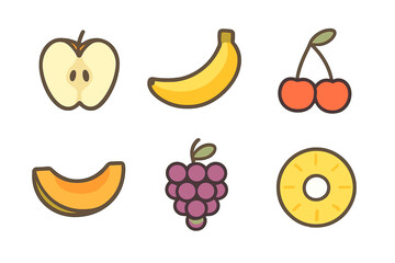 Six colorful fruit icons: apple, banana, cherry, melon, grapes, and pineapple