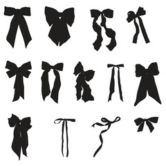 Set of various cartoon bow silhouette. Trendy hair braiding accessory. Hand drawn vector illustration.
