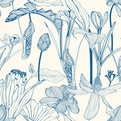 Floral seamless pattern. Tropical flowers background. Flourish tiled ornamental texture with flowers. Floral garden.