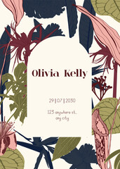 Tropical flowers in bloom. Engraved background. Wedding background card floral decorative border. Thank you, rsvp, invitation elegant card illustration graphic set banner.