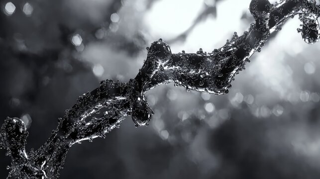 Water droplets forming abstract structure on dark background