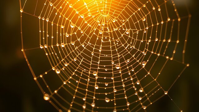 ethicist. Morning dew glistening on a delicate spiderweb in golden light. wildlife magazines, conservation campaigns, designed for nature documentaries and education, used by devops engineers.