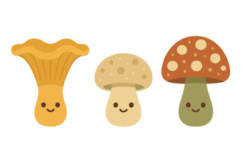 Three different adorable cartoon fungi characters with happy smiling faces
