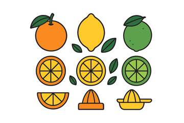 Whole and sliced citrus fruits: orange, lemon, and lime with green leaves and juicer tools