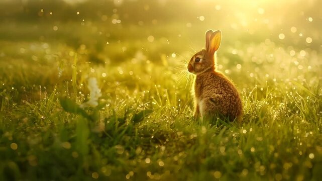 A closeup of a rabbit in a grassy field during what appears to be the golden hour. The rabbit is positioned in the center of the frame, with its ears perked up.