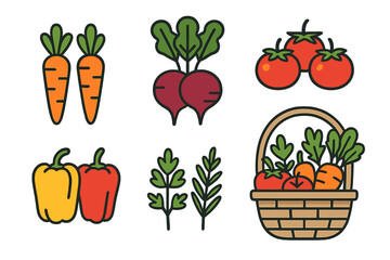 Assortment of fresh farm vegetables and herbs including carrots, tomatoes, and bell peppers