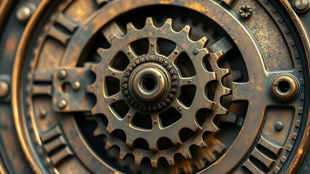 vigor. A hyper-detailed, aged bronze clockwork mechanism with a single gear removed, emitting golden light. product launch decks, UI/UX mockups, designed for product launches and innovation pitches.
