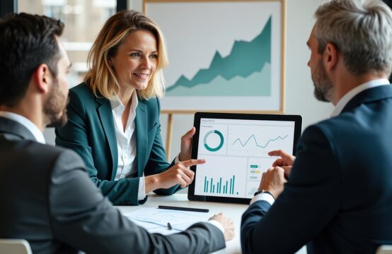 Business meeting with colleagues discussing financial data on a tablet in a modern office environment - Powered by Adobe