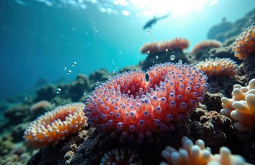 Fototapeta premium Colorful coral reef with anemones and a distant shark swimming in clear blue water