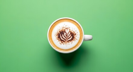A top-down view of a cup of coffee with latte art on a vibrant green background, showcasing a beautifully crafted design with frothy milk and cocoa powder