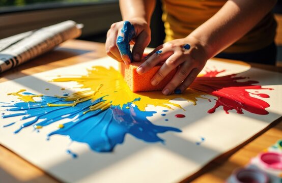 Child's hands creating colorful abstract art with paint and sponge on paper