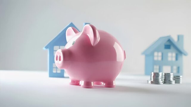 Money saving deposit financial planning concept. pink piggy bank video stock lifestyle.