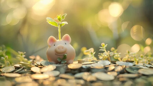 Money saving deposit financial planning concept. A closeup of a piggy bank with a plant sprouting out of it, set against a backdrop of a lush green environment. - Powered by Adobe